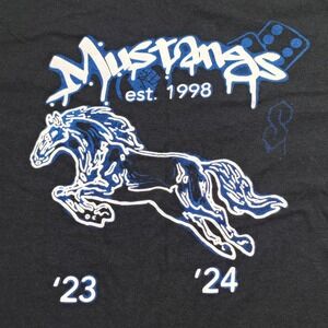 Vintage Gildan Kids Black‎ Mustangs Est 1998 Horse Graphic T-Shirt Size S